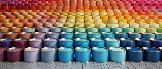 Fototapeta premium Vibrant Paint Can Array in Graduated Colors