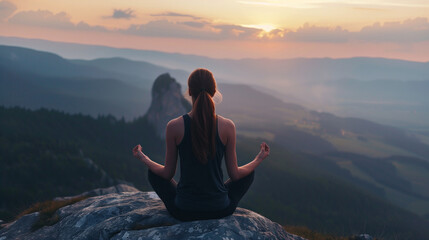 朝日が登る崖の上で絶景に囲まれてヨガ（瞑想）をする女性の後ろ姿	