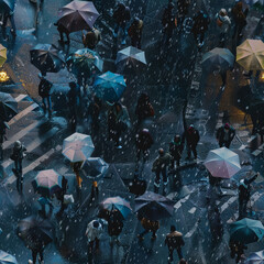 Seamless pattern of city crowd under rain