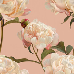 Seamless pattern of beige and champagne colored peony on salmon colored background