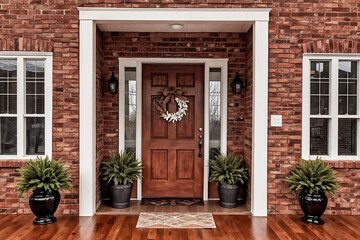 A cozy entryway with brown and brick walls, hardwood flooring, decorations, and a white front door with windows.