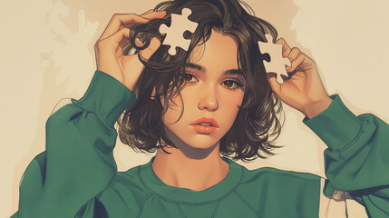 Flat illustration of Woman in green sweatshirt removes puzzle piece from curly hair. Playful Puzzlement. Woman Untangles Puzzle Piece