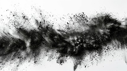 Chalk pieces and dust in black, flying with an exploding effect, against a white background.