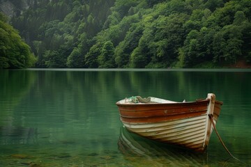 Obraz premium Green boat on calm lake water surrounded by forest