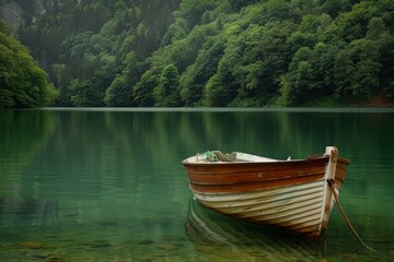 Green boat on calm lake water surrounded by forest