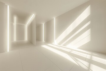 White Loft: Bright, Minimalist 3D Rendering of Luxury Room with Soft Light Patterns