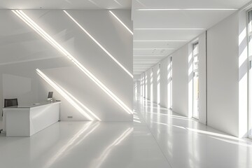 Contemporary Luxury: Minimalist White Space with Diagonal Light Shafts in Modern Office Design