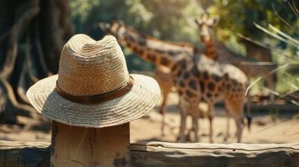 Blank mockup of a out sign in the shape of a safari hat with images of animals peeking out from behind it .