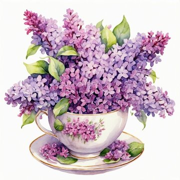 purple lilacs in teacup watercolor clip art preview