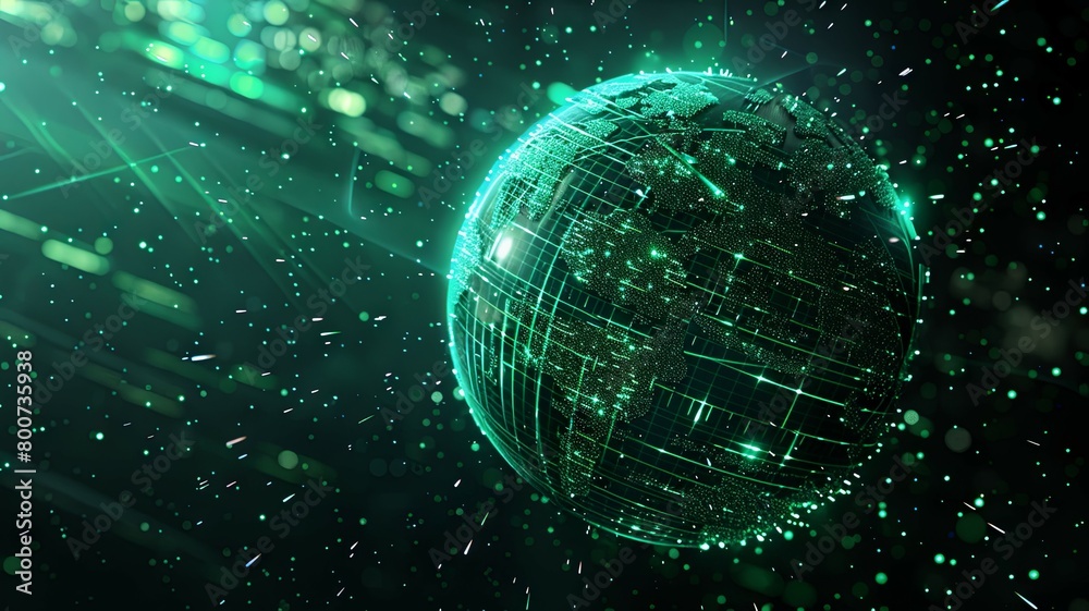 Poster green digital globe with sparkling effects and lines - a captivating image showcasing a green digita