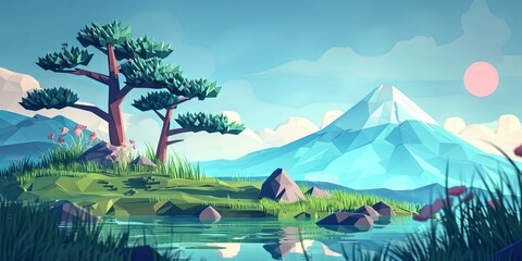 Serene low-poly landscape with a reflective lake - A calm, polygonal artwork of a peaceful lakeside scene, with stylized trees and mountain backdrop