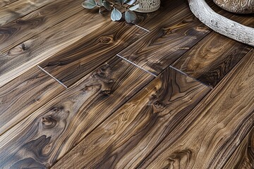 Naklejka premium Exquisite Ceramic Sophistication: Elegant Walnut Wood Flooring with Detailed Grain