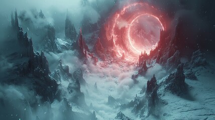 Fantasy icy landscape with cosmic vortex art - A captivating digital artwork of an icy landscape with a vibrant cosmic vortex looming in the mysteriously misty sky