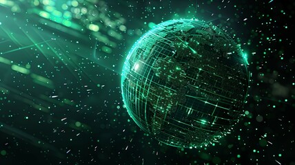 Green digital globe with sparkling effects and lines - A captivating image showcasing a green digital globe with sparkling effects, symbolizing the digital age and environmental data