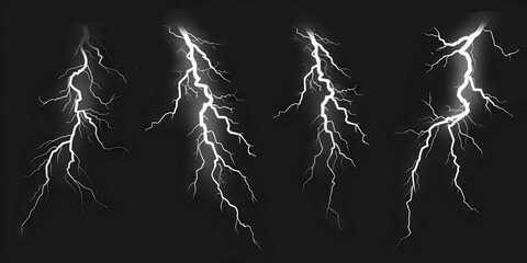 Complex lightning strikes in black night sky - A collection of detailed white lightning strikes illuminating the darkness, showcasing the awe-inspiring power of storms