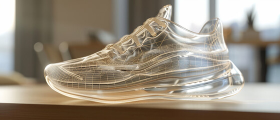 A shoe designed as a wireframe, featuring detailed laces and sole.