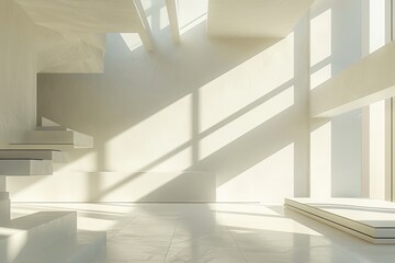 Fototapeta premium Modern White Room with Diagonal Light Shafts in Contemporary Building Design