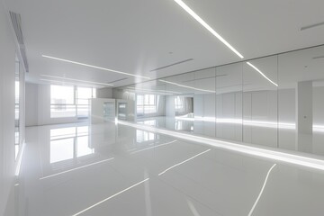 Minimalist White Interior: Contemporary Dance Studio with Mirrored Floors
