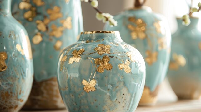 A series of ceramic vases decorated with gold leaf accents adding a touch of luxury and sophistication..