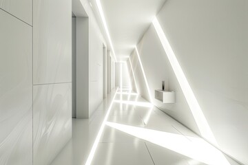 Obraz premium Contemporary Luxury: Clean White Interiors with Diagonal Light Shafts and Minimalist Corridors