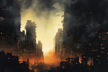 A dark and gloomy cityscape with tall buildings and a polluted sky