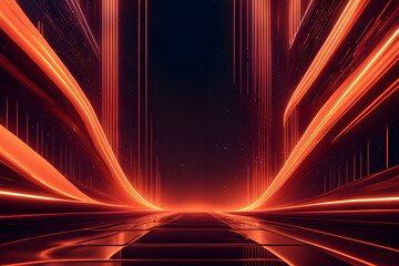 Abstract futuristic background with glowing lines in a neon color scheme. Orange-neon-hued, flowing lines dance across a dark canvas, embodying a vibrant digital aesthetic.