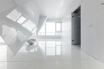 Minimalist White Interior: Reflective Luxury Entryway in Geometric Apartment
