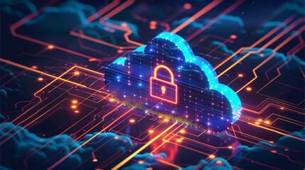 Abstract of cloud security services, featuring a stylized cloud icon merged with a secure padlock symbol, symbolizing data protection and cybersecurity within cloud computing environments.