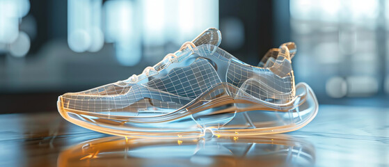 A shoe designed as a wireframe, featuring detailed laces and sole.