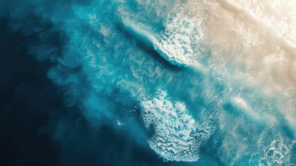 Aerial view of ocean waves with sunlight reflecting on water