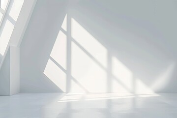 Minimalist Luxury: White 3D Rendering of Bright Geometric Studio with Diagonal Morning Light