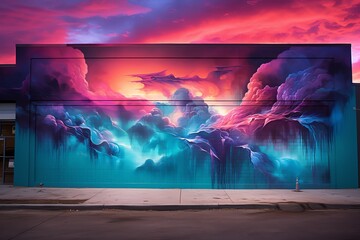 A beautiful mural of a sunset sky, painted on the side of a building. The colors are vibrant and the clouds are detailed, and it looks like a real sunset.