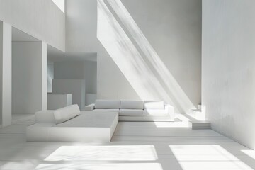 Minimalist Geometric White Room: Sunlight Shadows and Luxury Decor