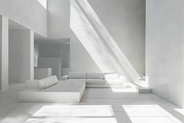 Obraz premium Minimalist Geometric White Room: Sunlight Shadows and Luxury Decor