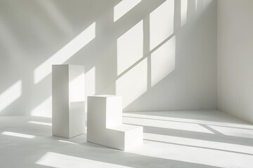Geometric Elegance: Abstract White Room with Shadows and Light