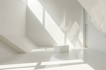 Fototapeta premium Geometry in White: Luxe Minimalist Living Room with Angular Light and Bright Shadows