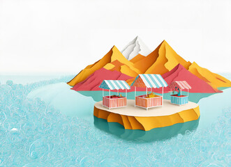 Pequeñas tiendas de comerciantes y artesanos en un paisaje tropical de mar y montañas. Recurso gráfico con espacio negativo. Ilustración estilo papel pegado. IA generativa