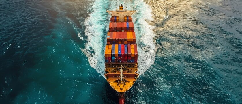 A large container ship is sailing through the ocean. The ship is leaving a large wake behind it. The water is blue and the sky is cloudy.