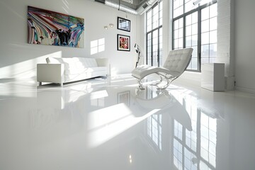 Bright White Loft: Modern Living Room with Reflective Epoxy Flooring