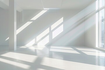 Contemporary White Space: Diagonal Light Shafts in Studio Apartment with Afternoon Light