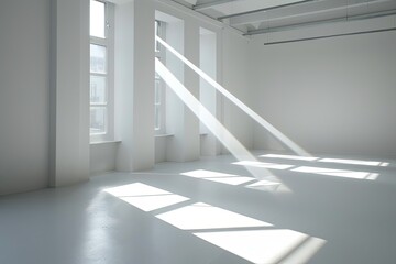 Obraz premium Contemporary Studio Apartment: White Interior with Diagonal Light Shafts and Afternoon Glow