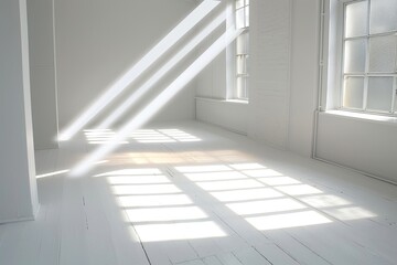 Contemporary White Space: Diagonal Light Shafts in Afternoon Studio Apartment