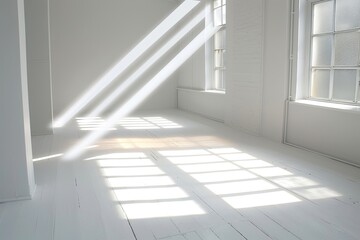 Obraz premium Contemporary White Space: Diagonal Light Shafts in Afternoon Studio Apartment
