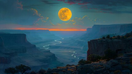 Breathtaking Moonlit Landscape Overlooking Vast Mountainous Terrain at Dusk - obrazy, fototapety, plakaty