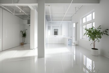 Space Reflections: Minimalist White Interior Loft with Reflective Epoxy Bathroom
