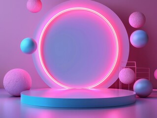 3D rendering of a pink and blue podium with a glowing pink circle and floating spheres.