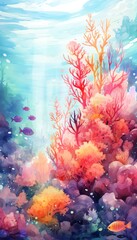 An enchanting watercolor painting of a vibrant coral reef