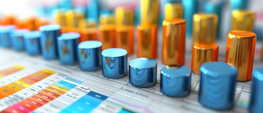 3D rendering of a bar graph with blue and copper bars of different heights on a table with a blurred background.