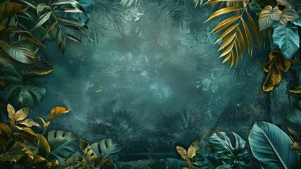 Tropical foliage with vintage, distressed texture on dark background