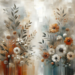 Abstract, with metal elements, texture background, flowers, and plants in it, Modern art